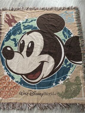 Walt Disney World Vintage Mickey Globe Woven Tapestry Throw 53” by 43”